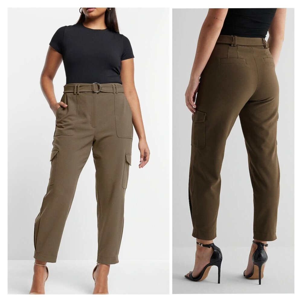 Express Womens Olive Green Super High Waisted Belted Cargo Pants‎ Size 2R NWT